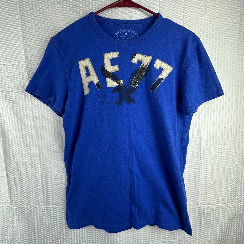 American Eagle AE77 Blue Graphic Tee  XS Y2K Appliqué Logo Shirt‎